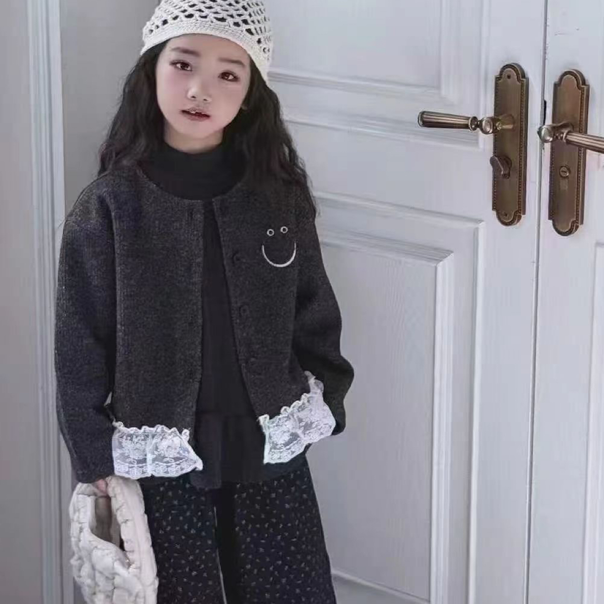 蕾丝少女风开衫女笑脸单排扣开衫外套套装休闲时尚女童小香风洋气