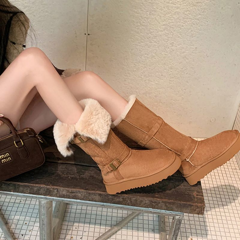 时髦扣带厚底增高毛毛翻边保暖棉鞋中长筒短靴灰色雪地靴女冬季
