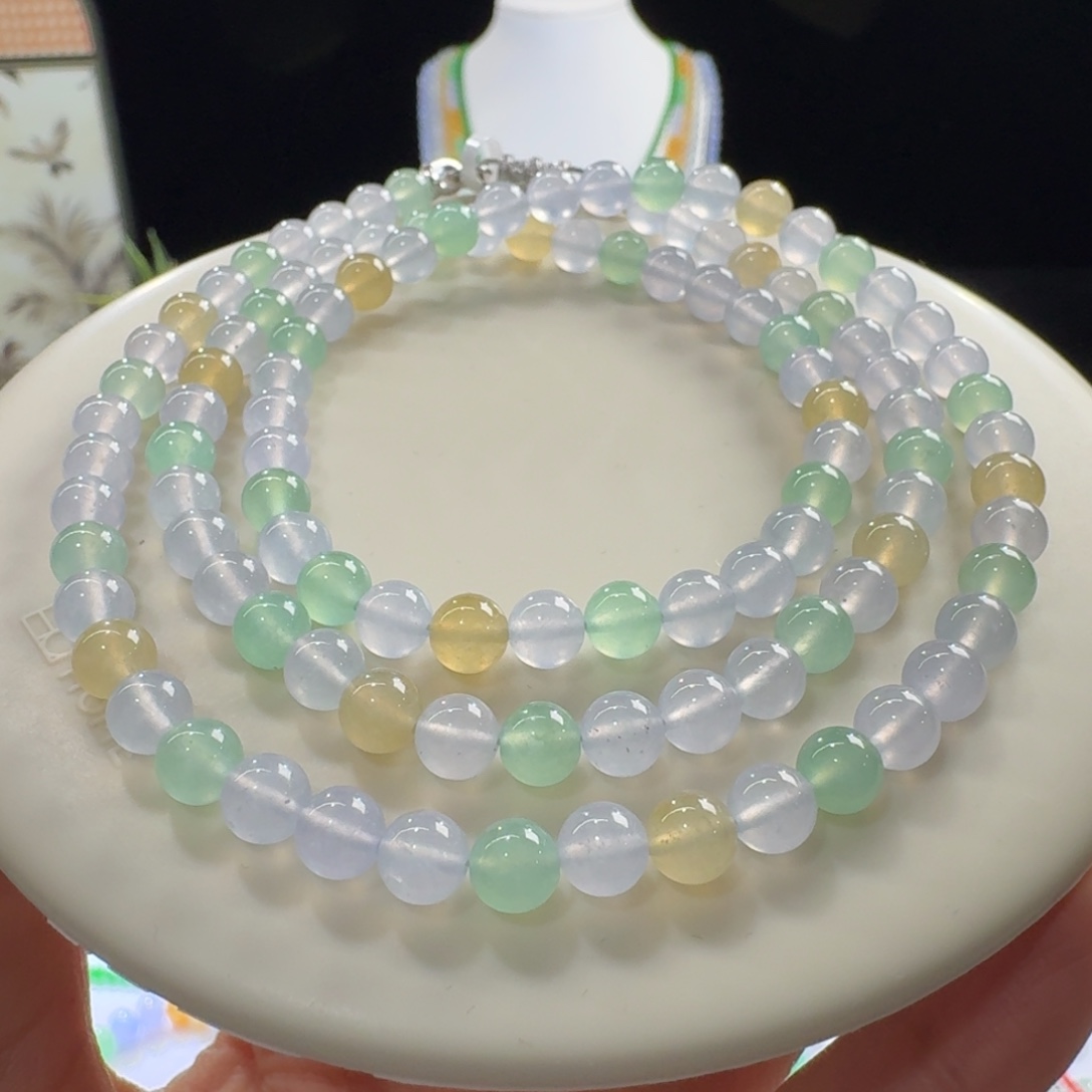 翡翠未镶嵌手链行家货！高冰玻梦幻马卡龙多宝长串6mm