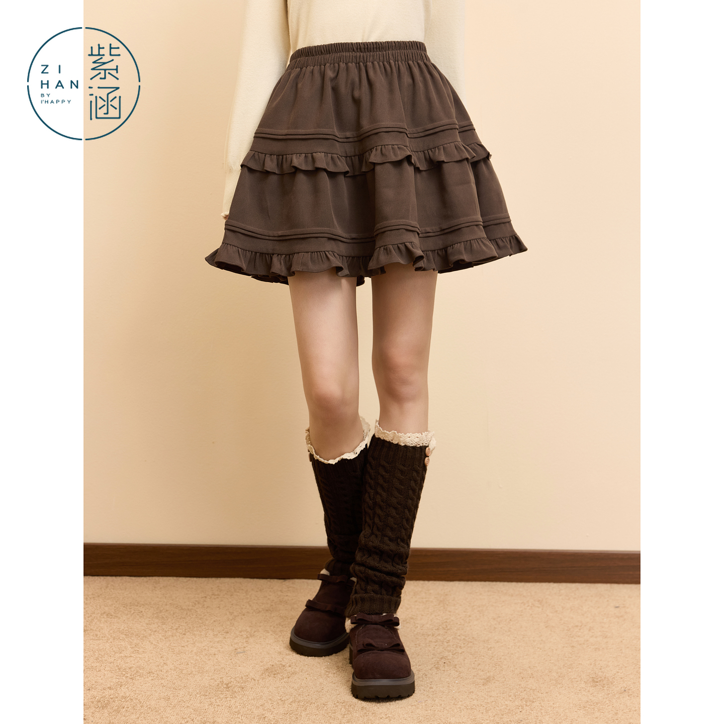 紫涵短款半身裙女2025冬季新款层次感复古木耳边短裙Z5Z10AS169