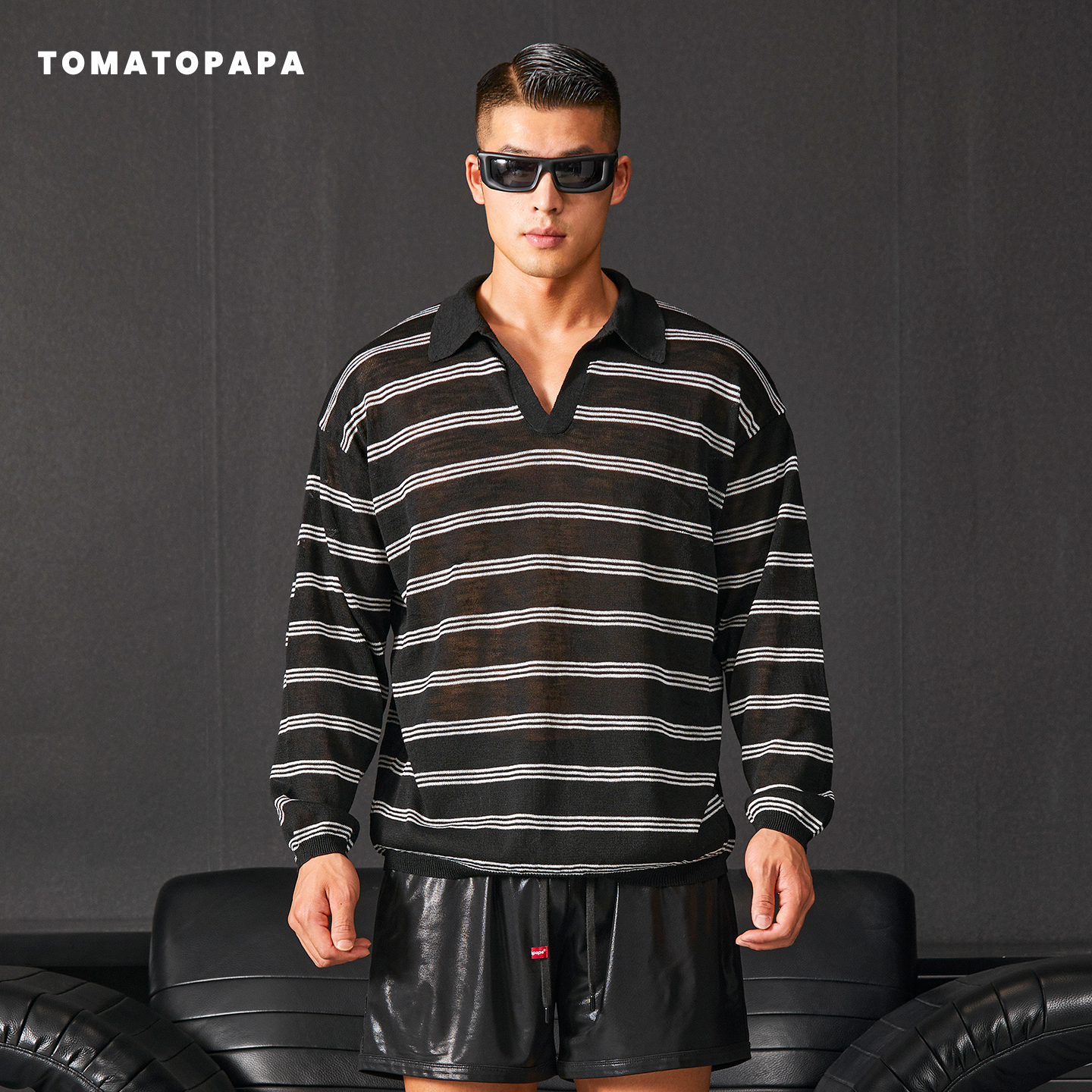 TOMATOPAPA新款2025秋冬条纹T恤长袖V领针织POLO男子青年百搭上衣