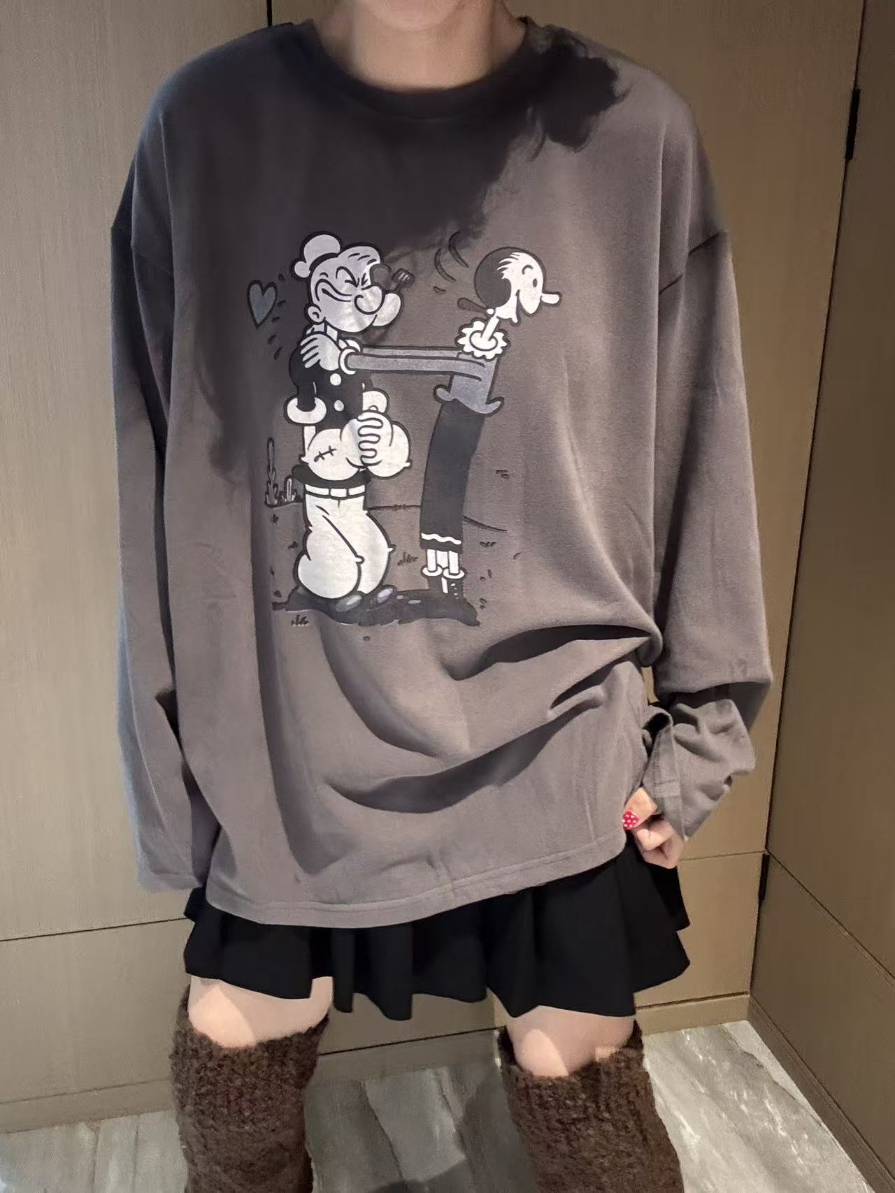 韩版秋季新款简笔人物画长袖t恤打底衫女