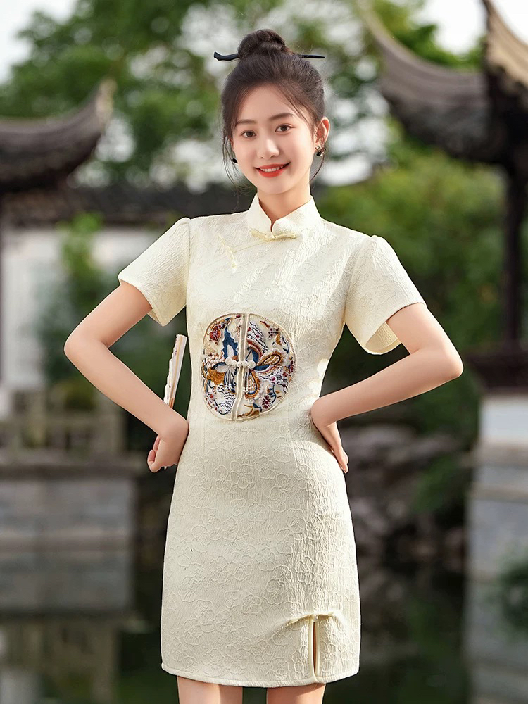 【2373 花好月圆 重磅刺绣 米白色】显瘦气质修身复古中国风旗袍