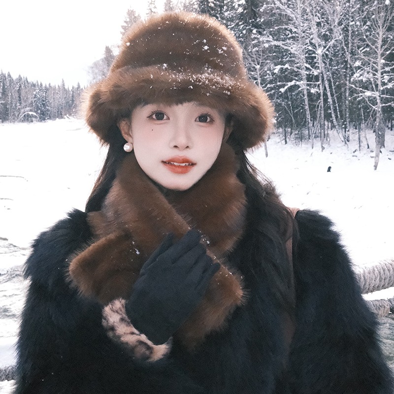 【我的头不圆】斯拉夫穿搭渔夫帽子女盆帽冬季高级感毛绒围巾围脖