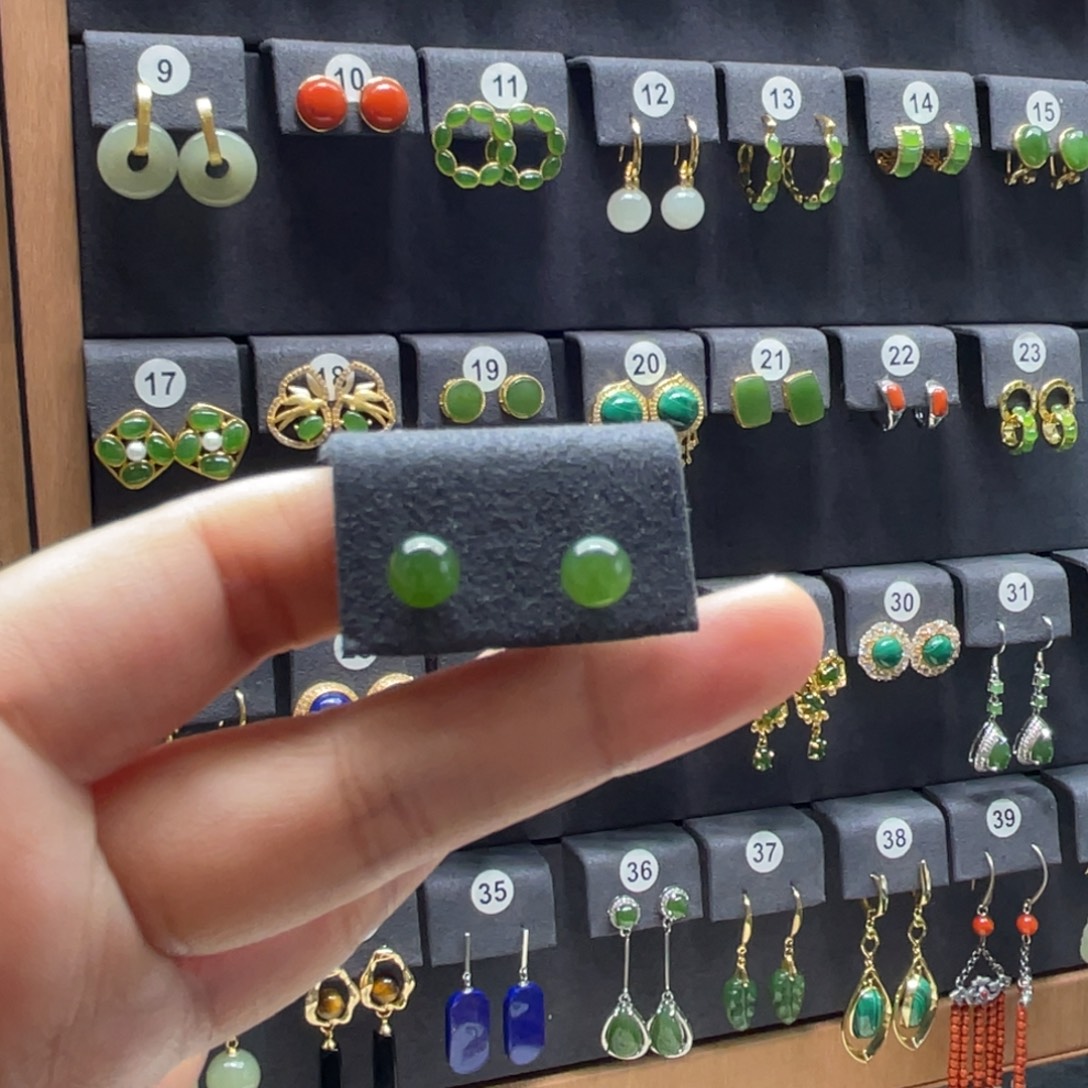 和田玉银S925镶嵌耳饰03号碧玉卡6