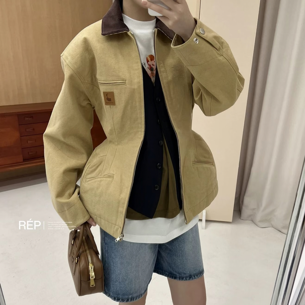 pushBUTTON 时尚棕色帆布 复古收腰外套