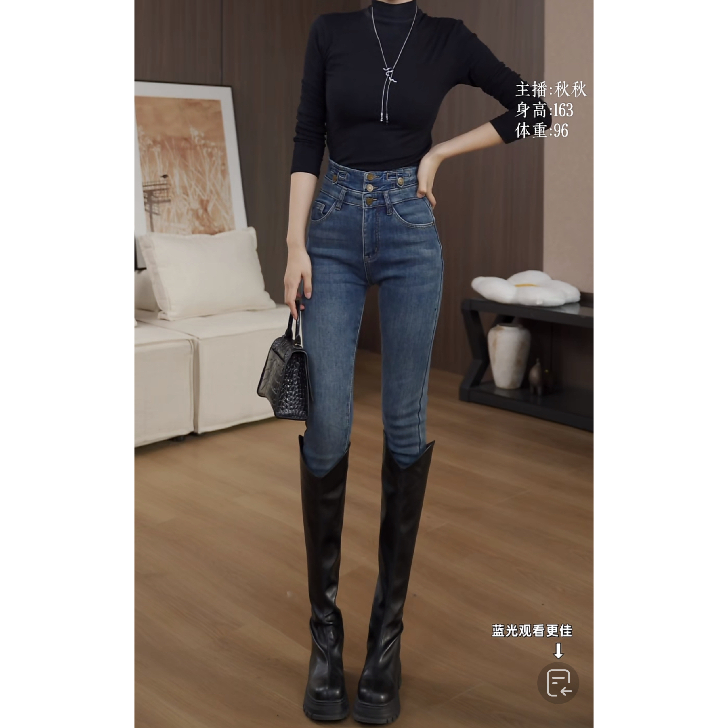 【qiuqiu】加绒黑色高腰牛仔裤女秋冬显瘦独特设计感辣妹牛仔小脚裤