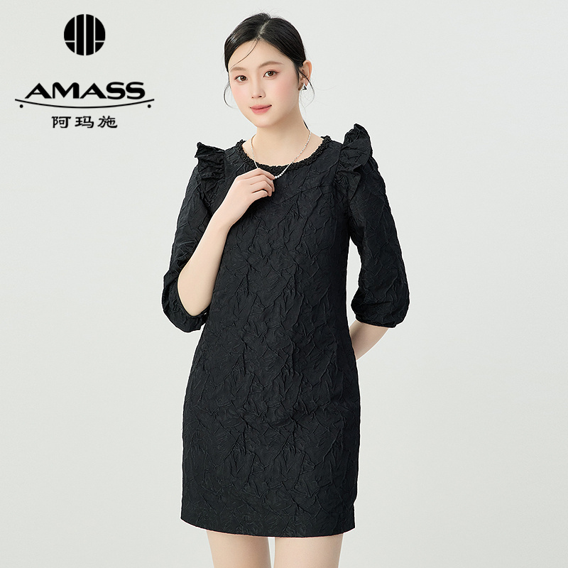 AMASS阿玛施 中袖荷叶边造型立体暗纹收腰短款洋装550004显瘦优雅