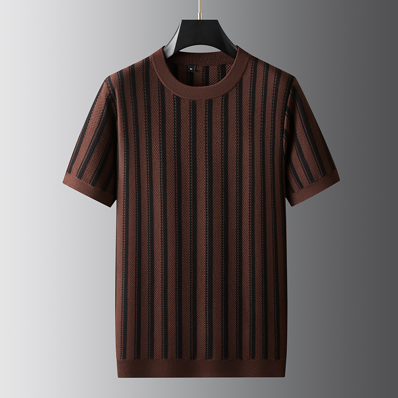 秋季修身潮流男士时尚撞色圆领百搭大码休闲条纹短袖针织衫韩版FP