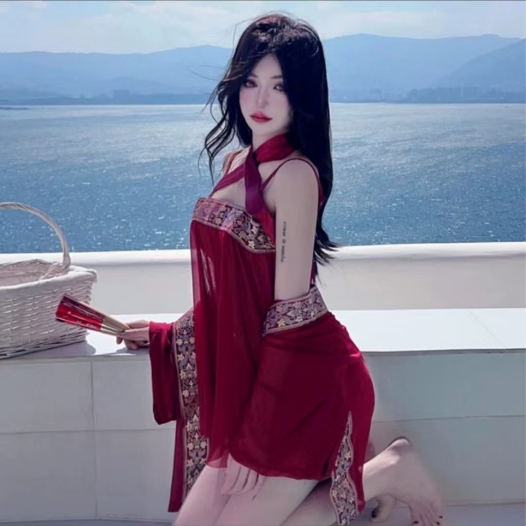 贵妃新娘装复古睡衣女古风红色肚兜性感刺绣睡裙大码睡裙套装218