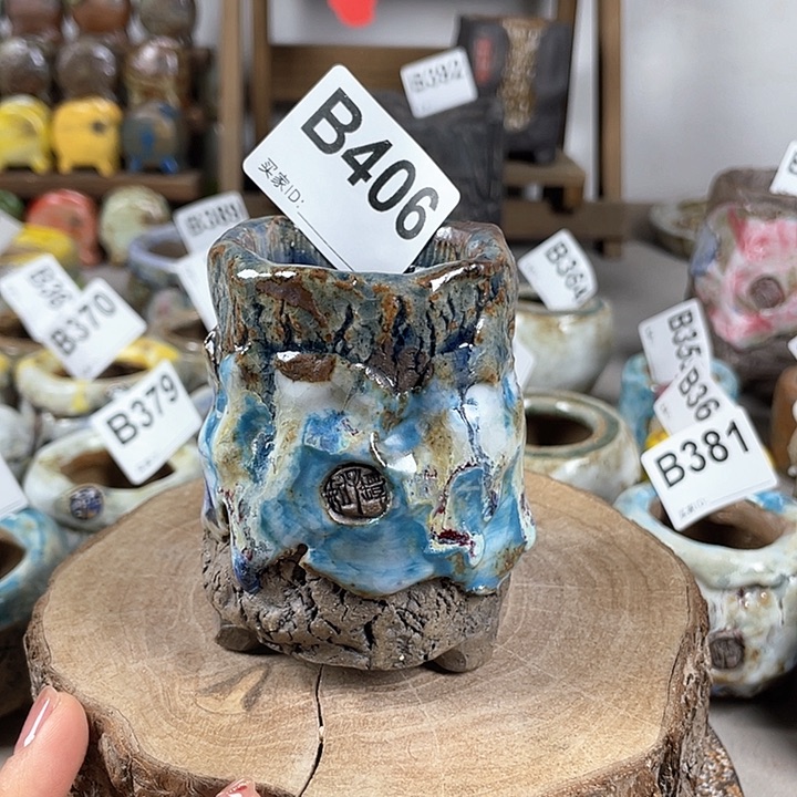 紫砂花盆孤品 不规则 油画山石老桩内口5