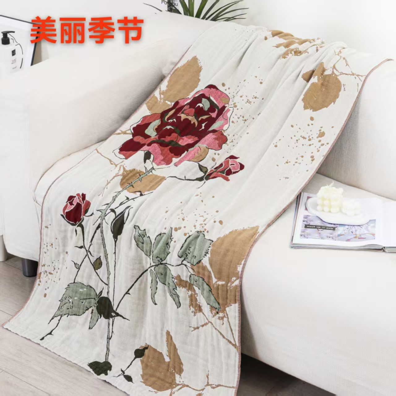 M【浴巾-美丽季节】75*150cm精梳棉麻纱布浴巾吸收柔软亲肤可机洗