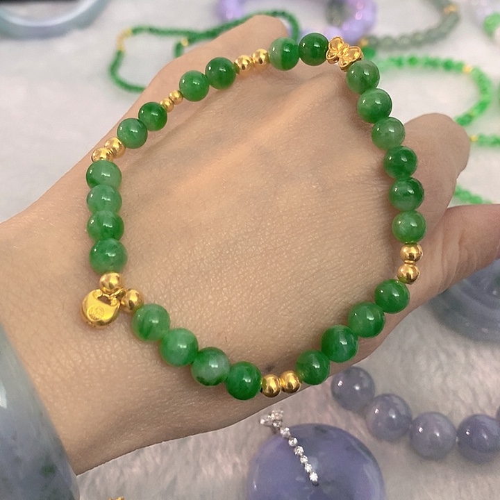 帕***尼翡翠18K金镶嵌手链阳绿手串6.5-6