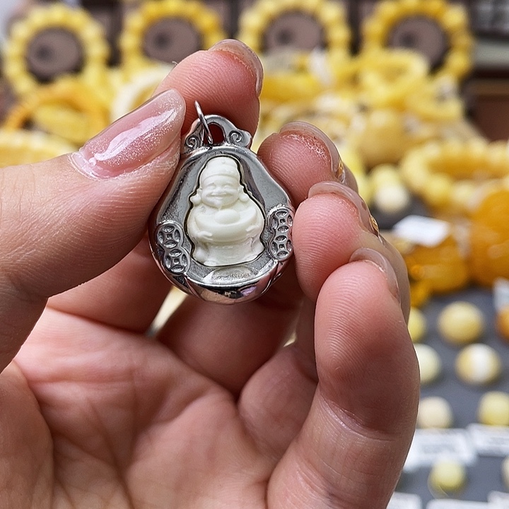 琥珀珠宝奇石银S925镶嵌黄财神