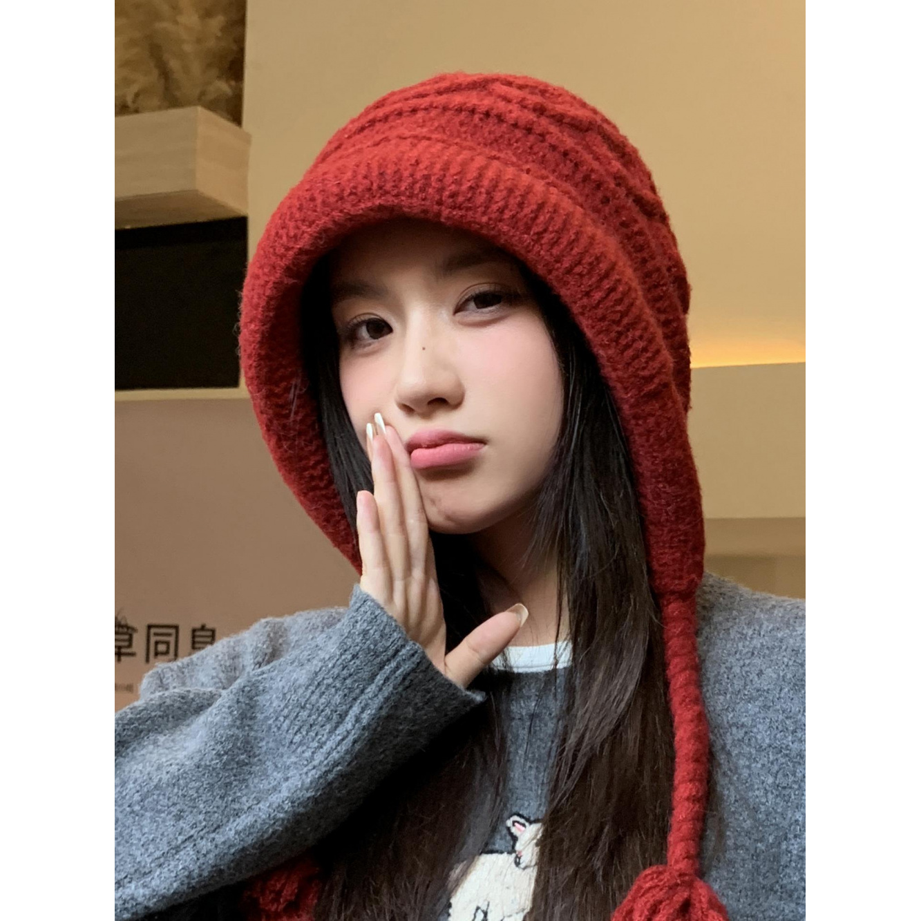 氛围感红色流苏辫子针织帽子女秋冬季防寒保暖护耳加厚百搭毛线帽