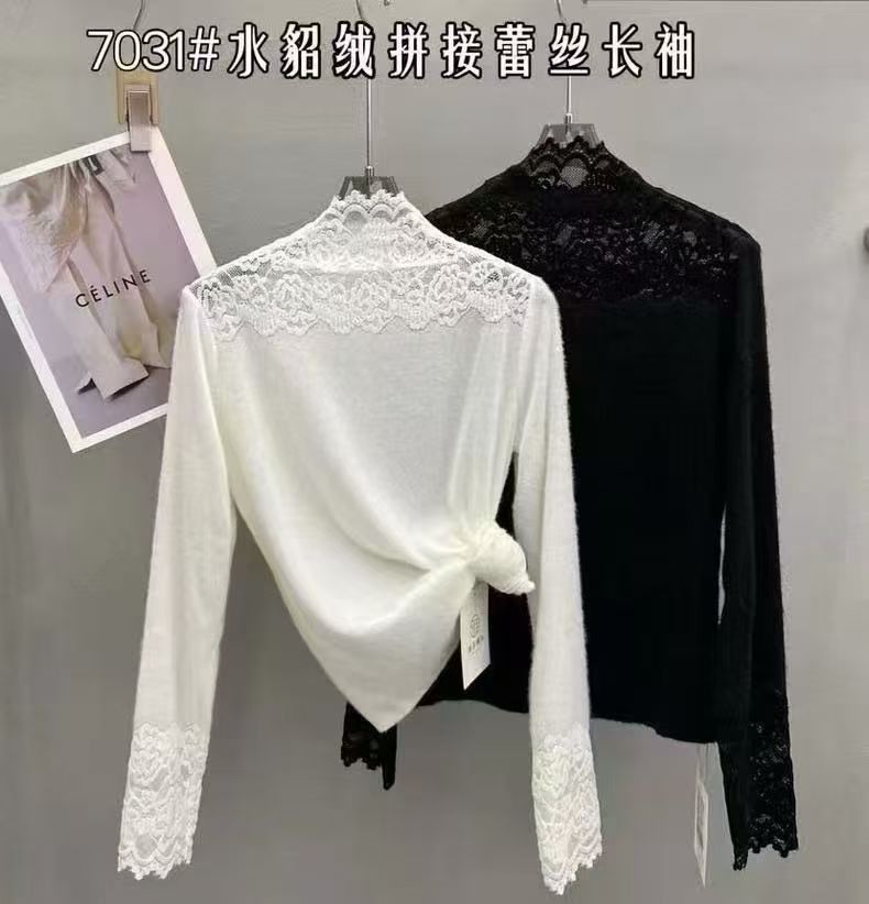 晶小妹精品镂空长袖高领蕾丝拼接水貂绒打底