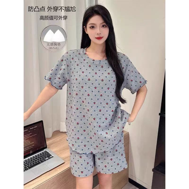 女夏季上衣时尚家居服带胸垫睡衣胖妹妹纯棉套装 短袖短裤 大码