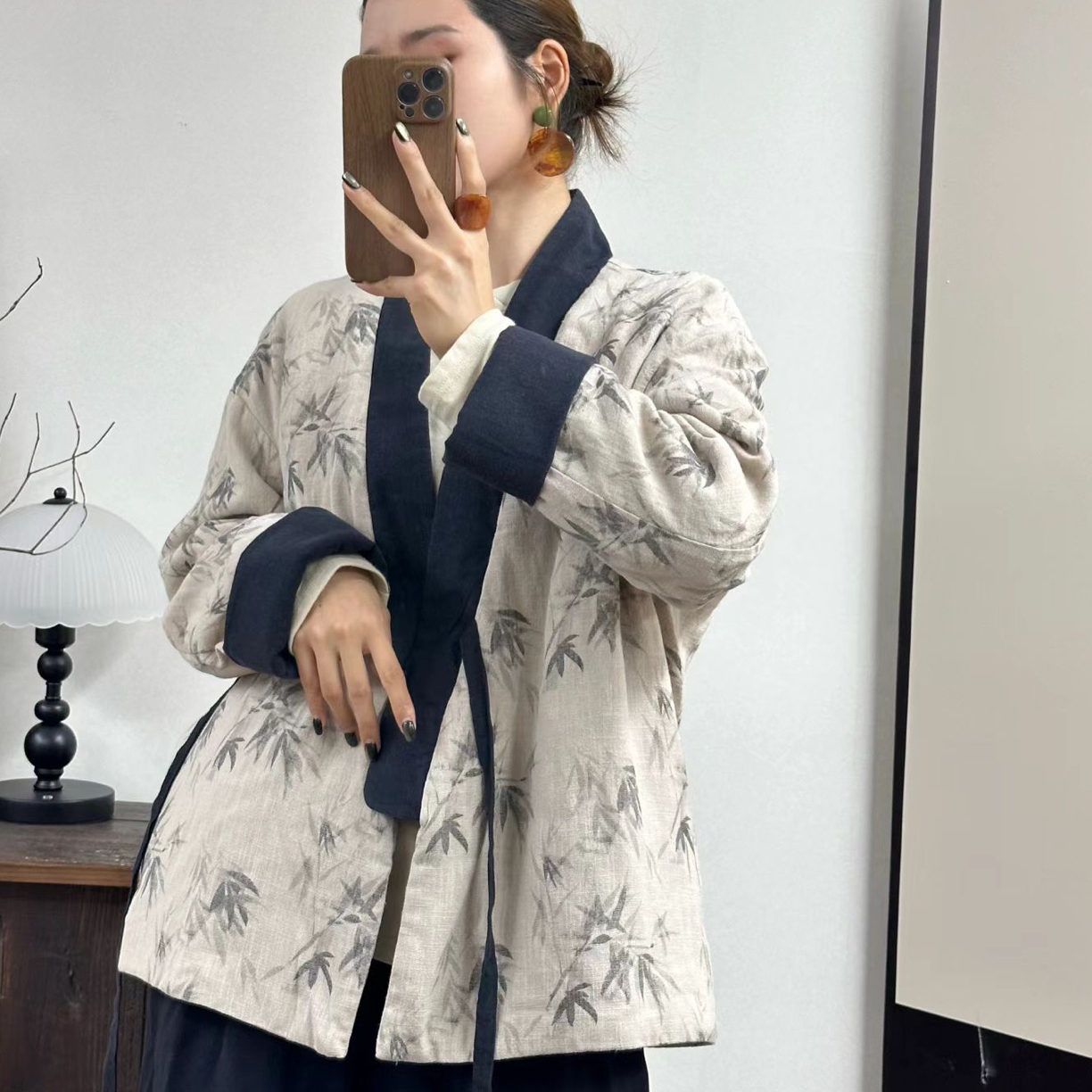 苏歆纺 冬季新中式亚麻禅意绑带汉服短款显瘦复古棉服外套 MQ7266