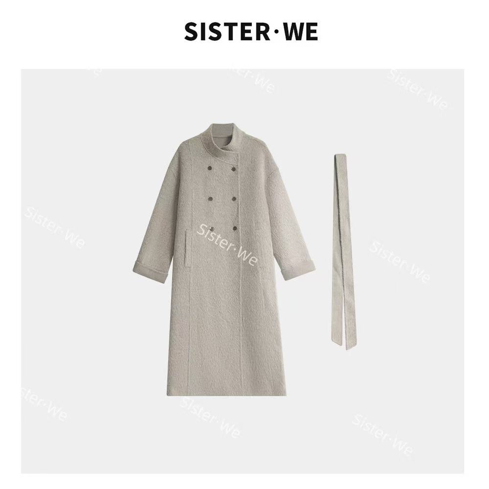 薇姐【至奢至暖】Sister·We极简双排扣羊毛双面呢子大衣带腰带68331