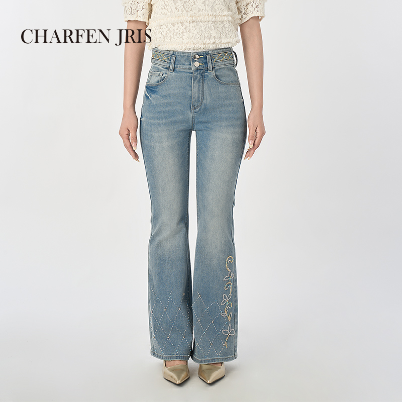 CHARFEN朝峰夏季时尚刺绣提花微喇修身牛仔裤CFF2D939-9068P