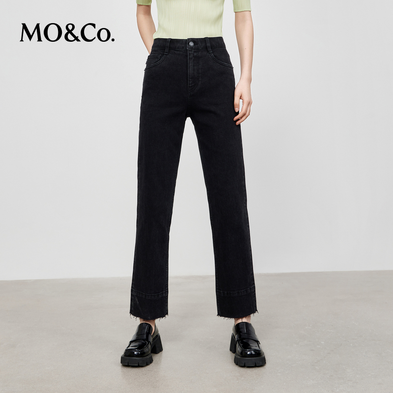 MOCO秋季棉质高腰直筒显瘦九分裤黑色牛仔裤MBC3JENT20