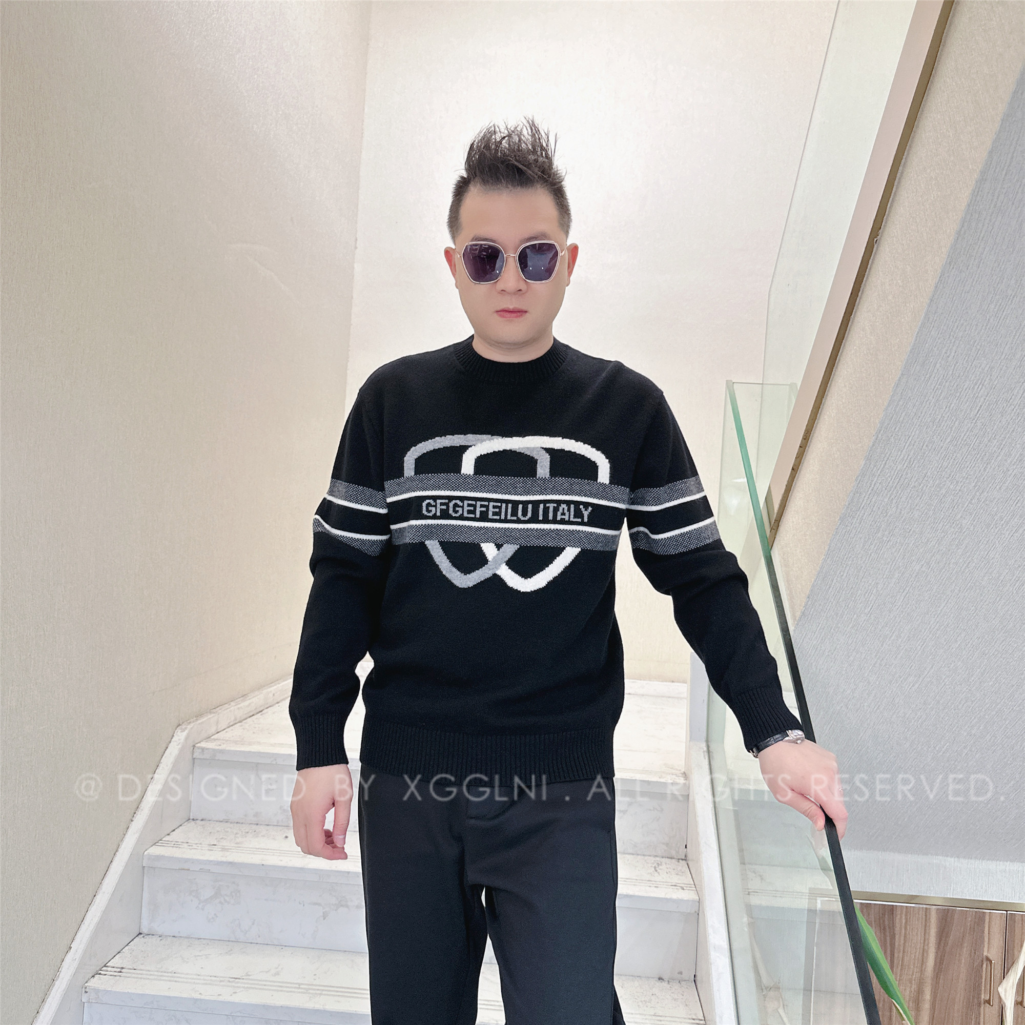 冬季款GF两个盾牌被条纹分割毛衣高端奢品休闲保暖男士长袖羊毛衫