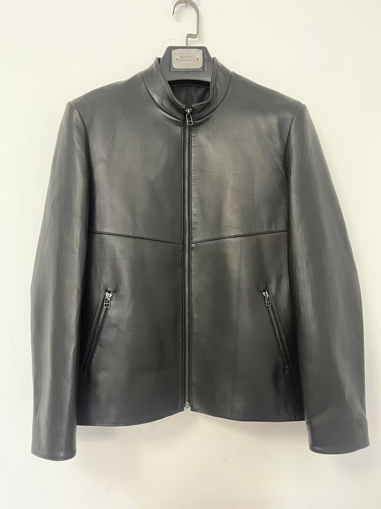 海宁潮革男士简约时尚立领拉链头层绵羊皮夹克外套黑色真皮商务