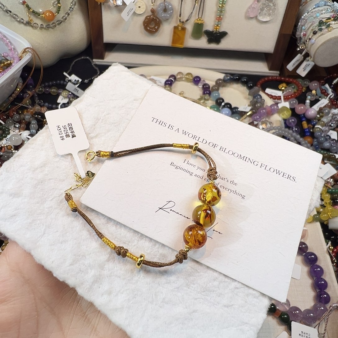 琥珀（花珀）银S925镀金镶嵌手链h310花珀