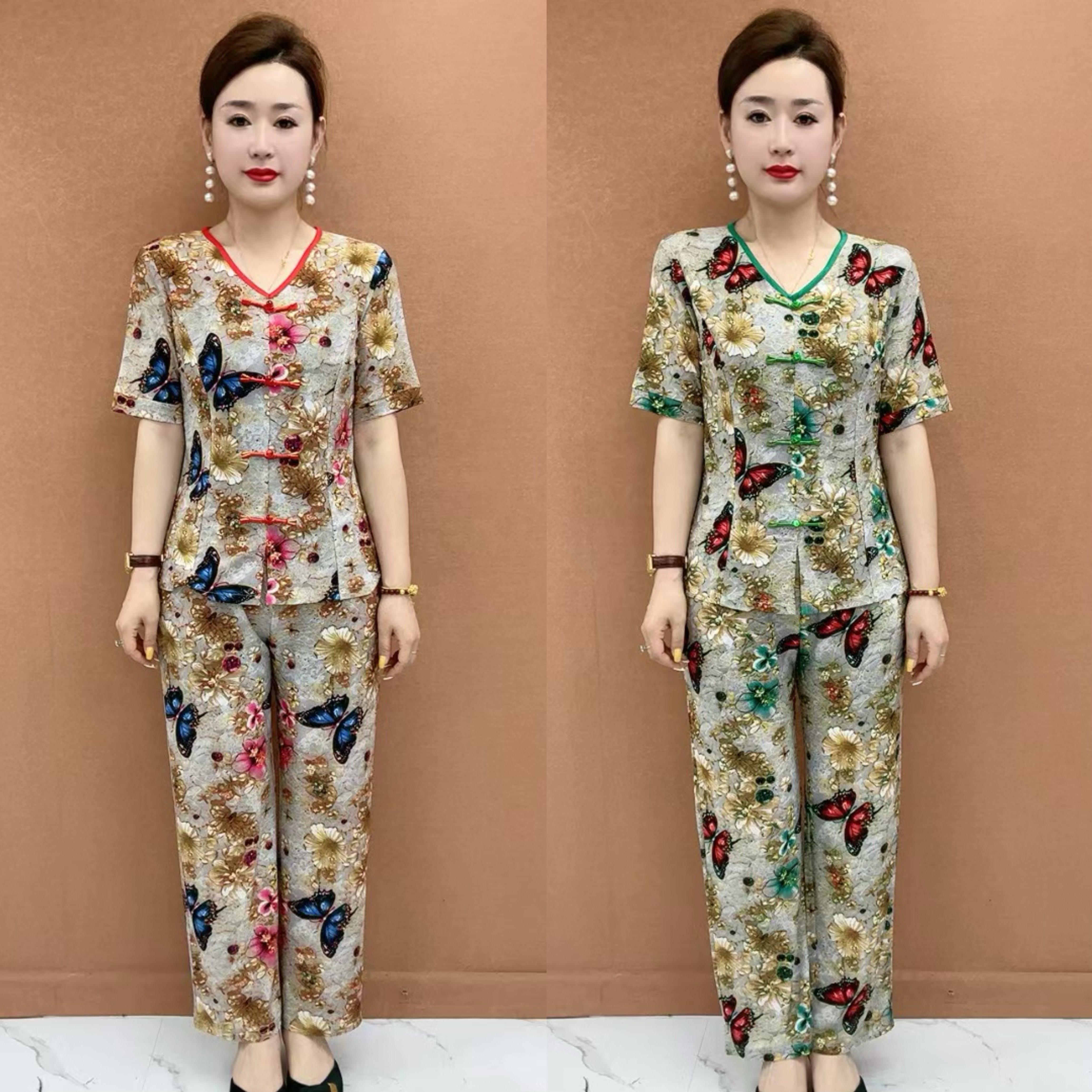 夏季新中式民族风立体蝴蝶花套装女时尚宽松显瘦大码薄款两件套