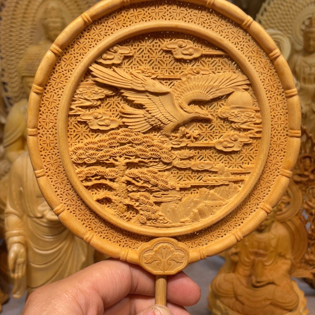 黄杨木大展鸿图扇子