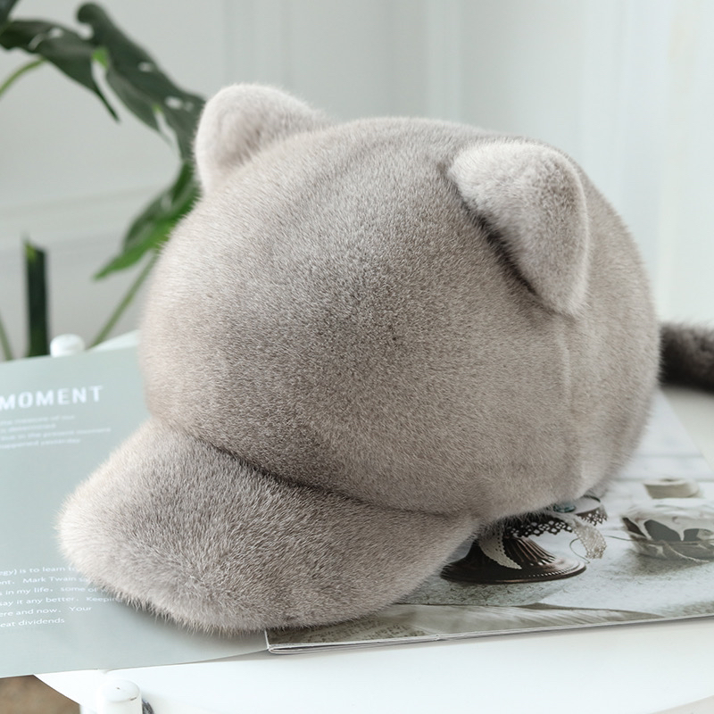 貂皮帽子女冬天整貂可爱猫耳朵秋冬季鸭舌皮草进口水貂绒貂毛棉帽