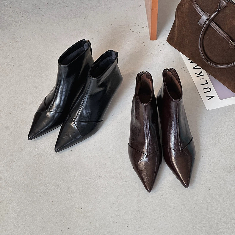 2591-3尖头细跟短靴女后拉链短筒加绒靴子软皮舒适低跟短靴