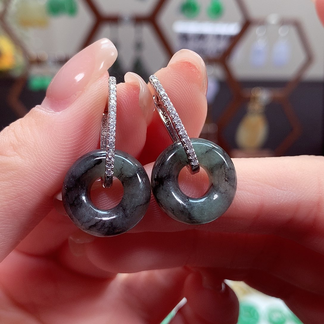 翡翠耳饰银S925镶嵌天然翡翠