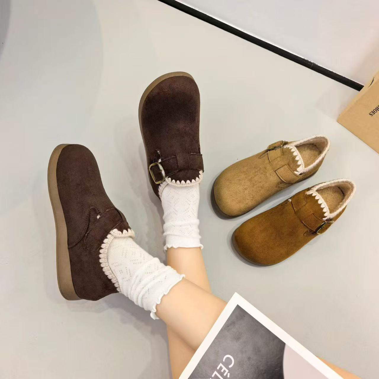 加绒款复古磨砂厚底勃肯鞋2025新款舒适百搭懒人鞋豆豆鞋 A88