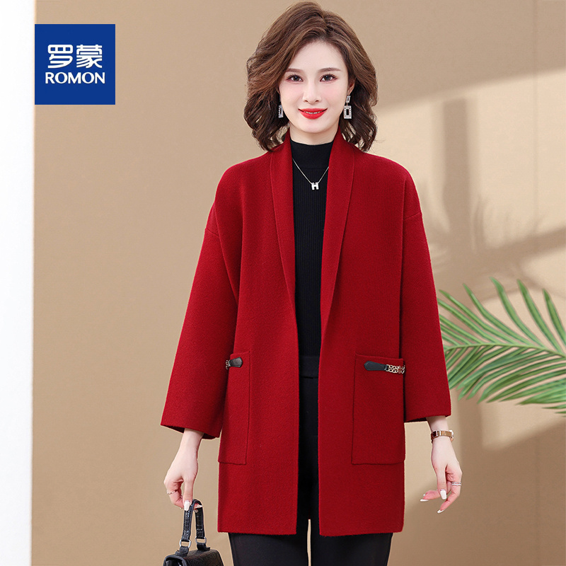 罗蒙喜婆婆妈妈结婚宴礼服大衣春秋红色外套本命年洋气秋装大码女