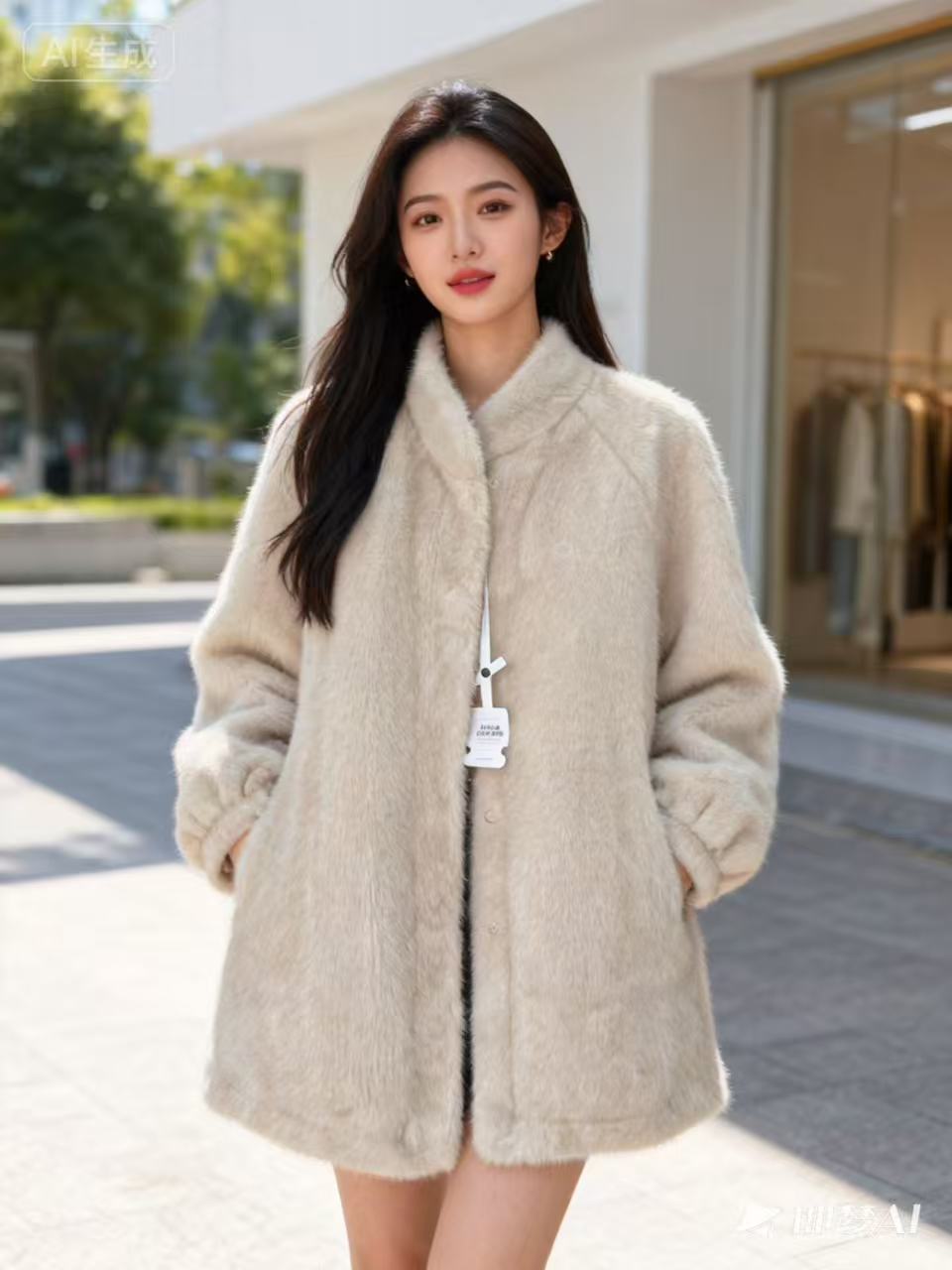 52004茹克亚立领中长款黄色系长袖女通勤风三粒扣
