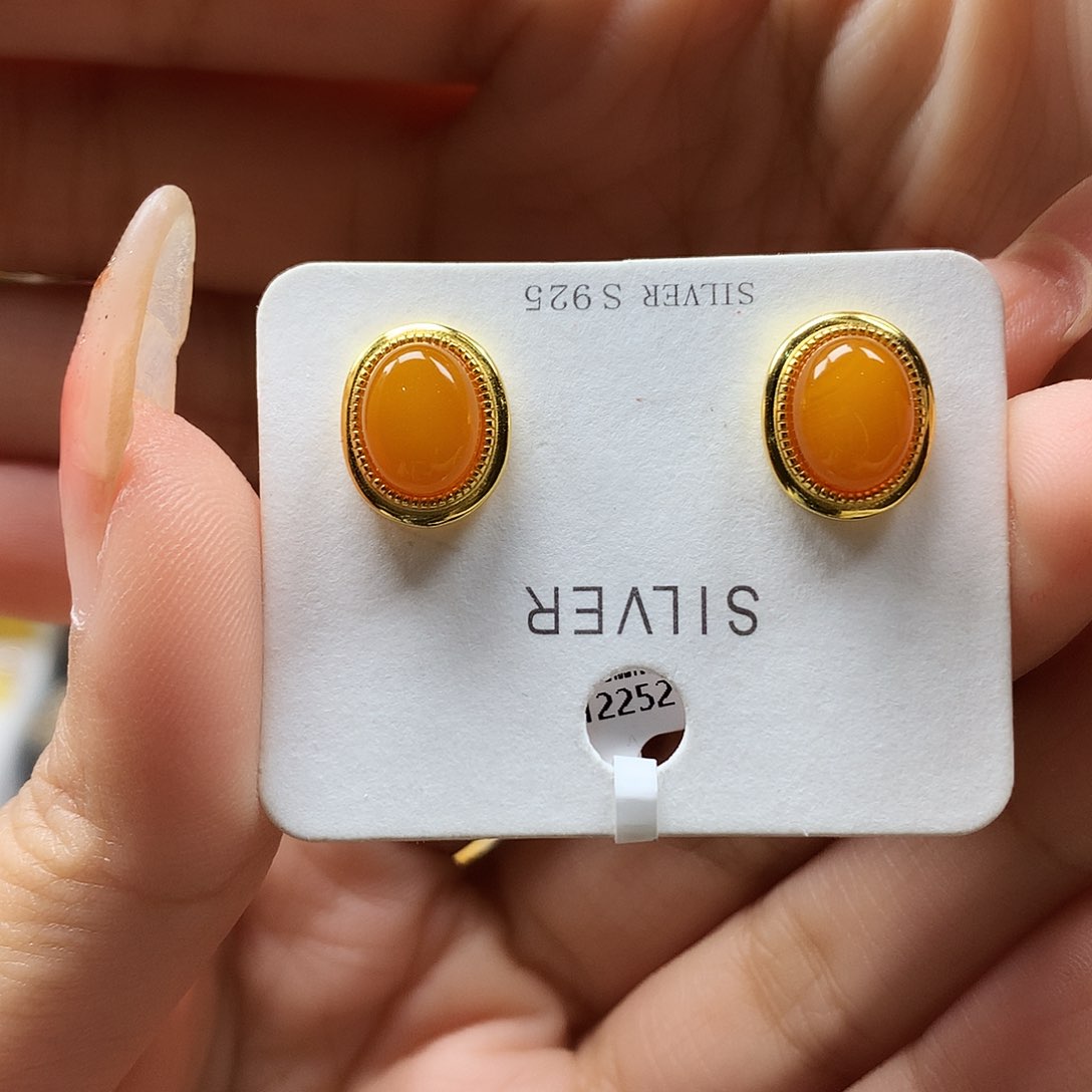 蜜蜡耳饰银S925镶嵌耳钉