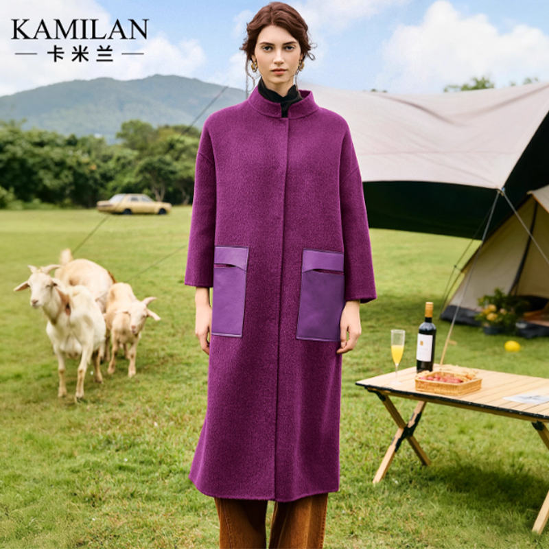 [100羊毛]卡米兰立领羊毛大衣女2025秋冬新款中长款休闲呢子外套