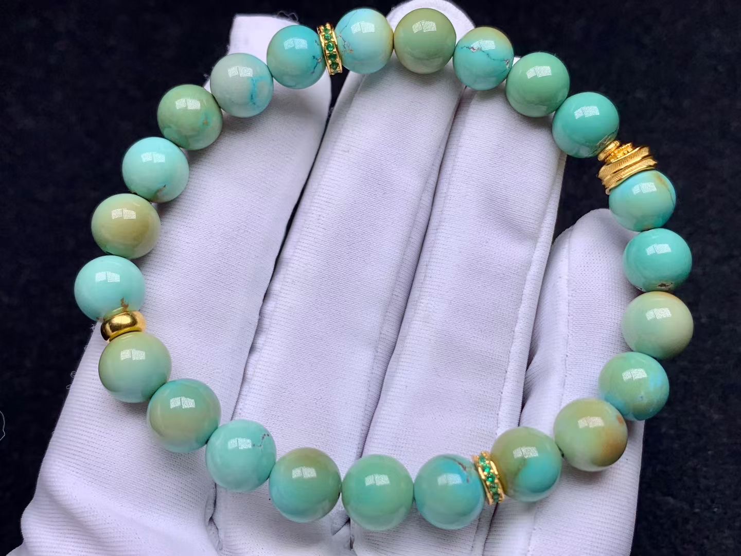 精美特色炫彩圆珠绿松石单圈手串，瓷釉级，无坑裂，直径8+