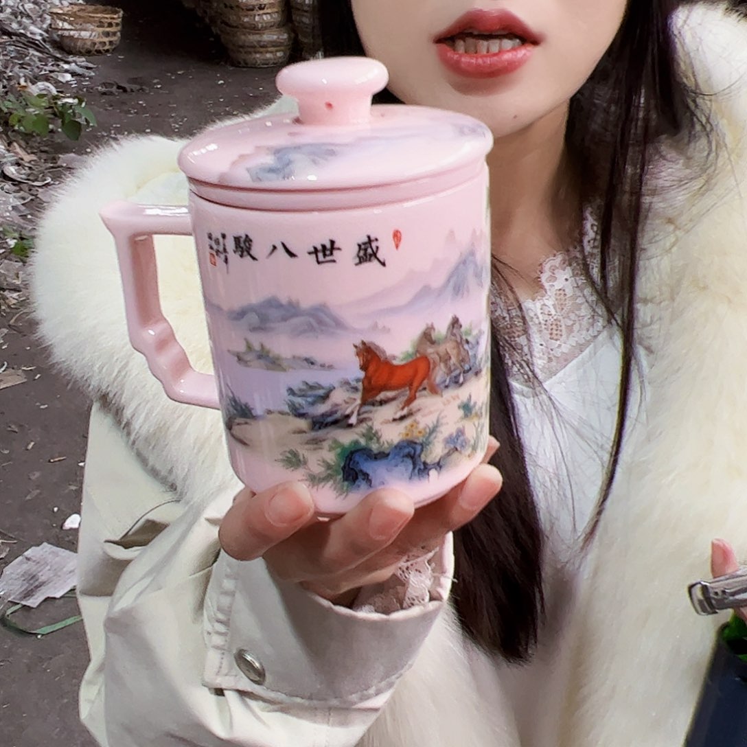 摆件陶景德镇红xixi八骏图办公杯