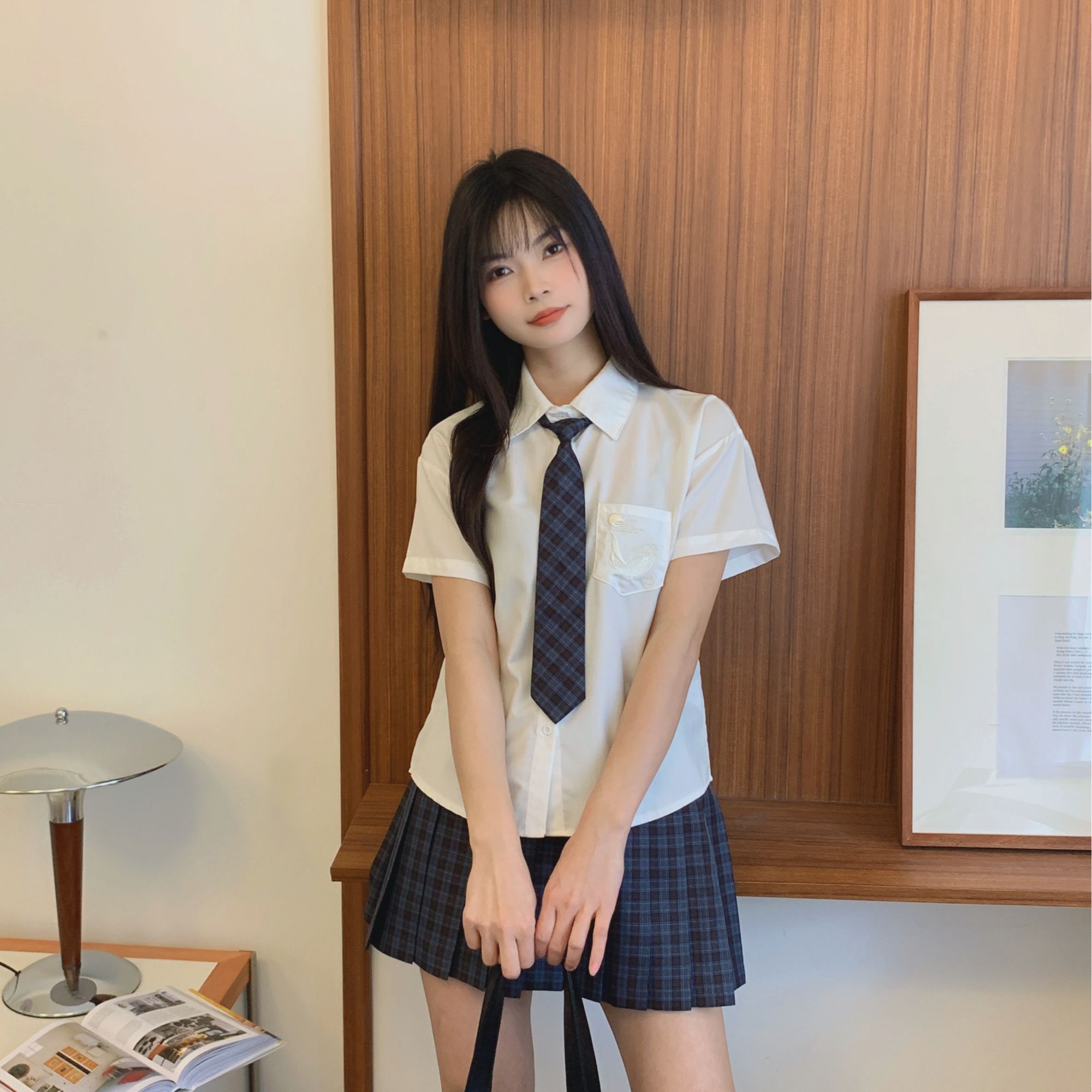 原创JK制服鲸思月短袖衬衫日系校供感宽松百搭刺绣上衣