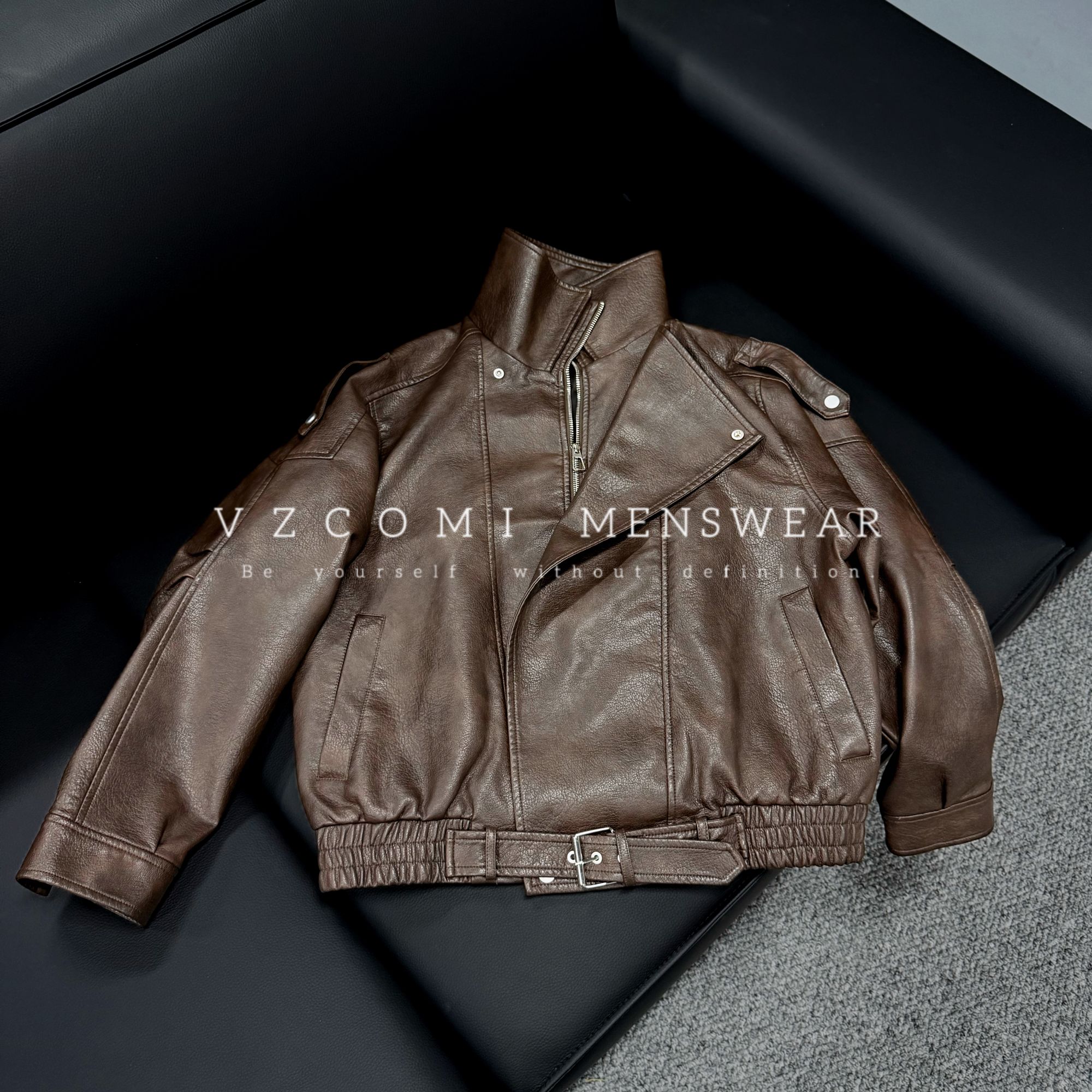 复古中性翻领皮衣休闲咖色外套男女2025新款秋季PU夹克酷飒机车服