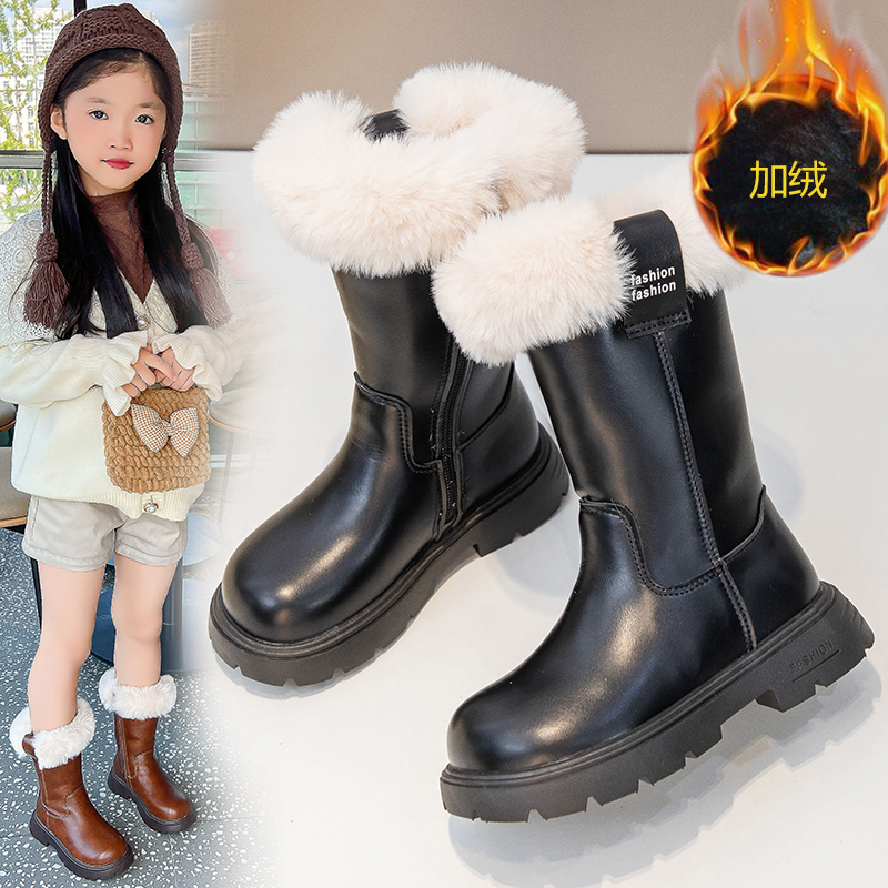 女童高筒靴子2024新款秋冬季加绒马丁靴软底长筒靴女宝长靴大棉鞋