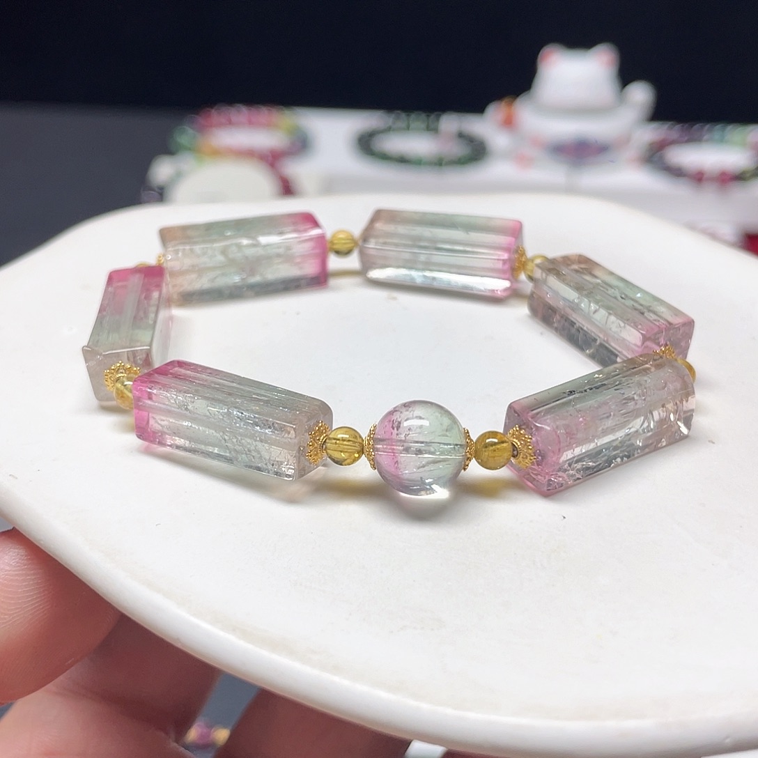 未镶嵌碧玺手链9.8方糖西瓜碧玺手链