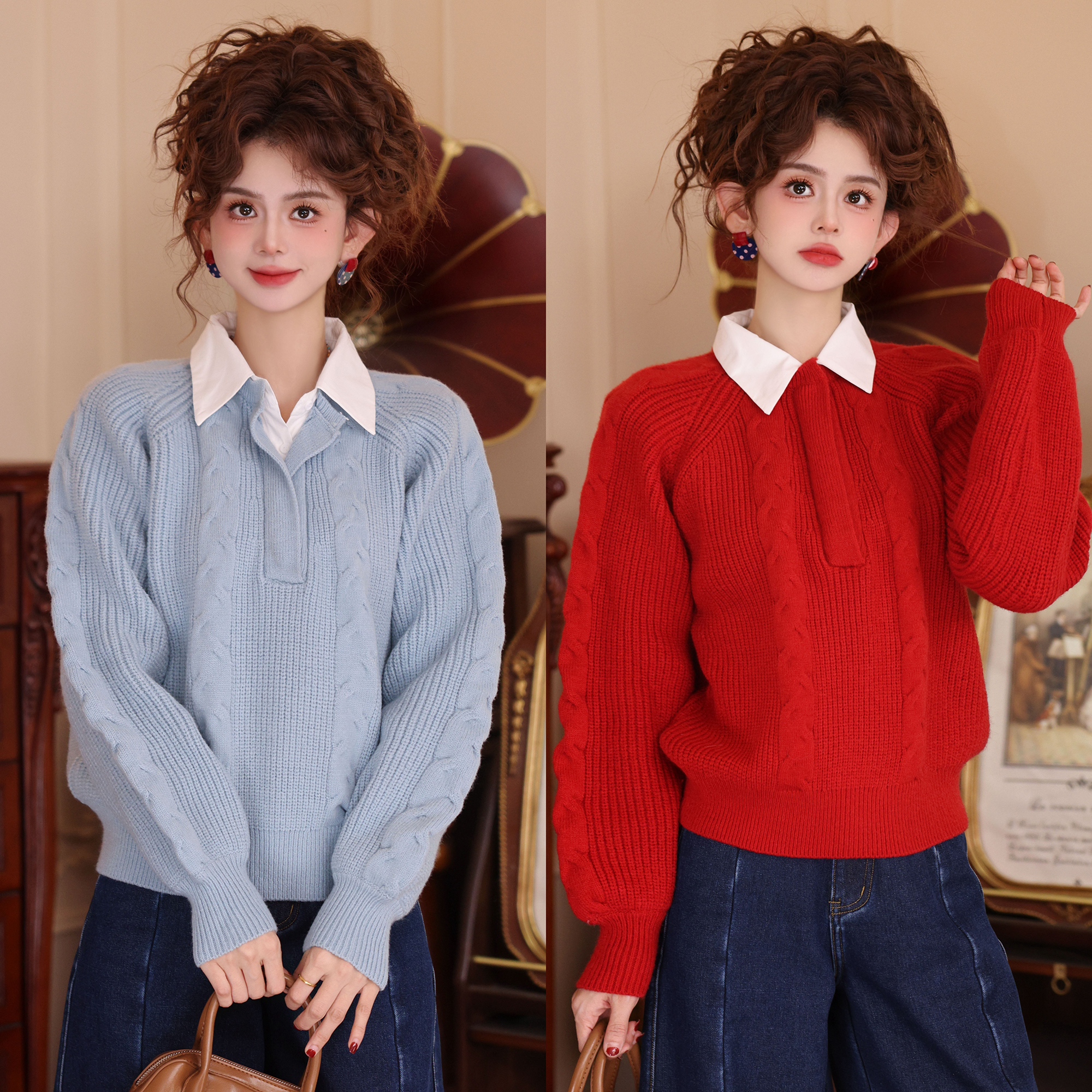 陈大器【二手书店】港风复古假两件拼接针织宽松百搭毛衣JM2477798