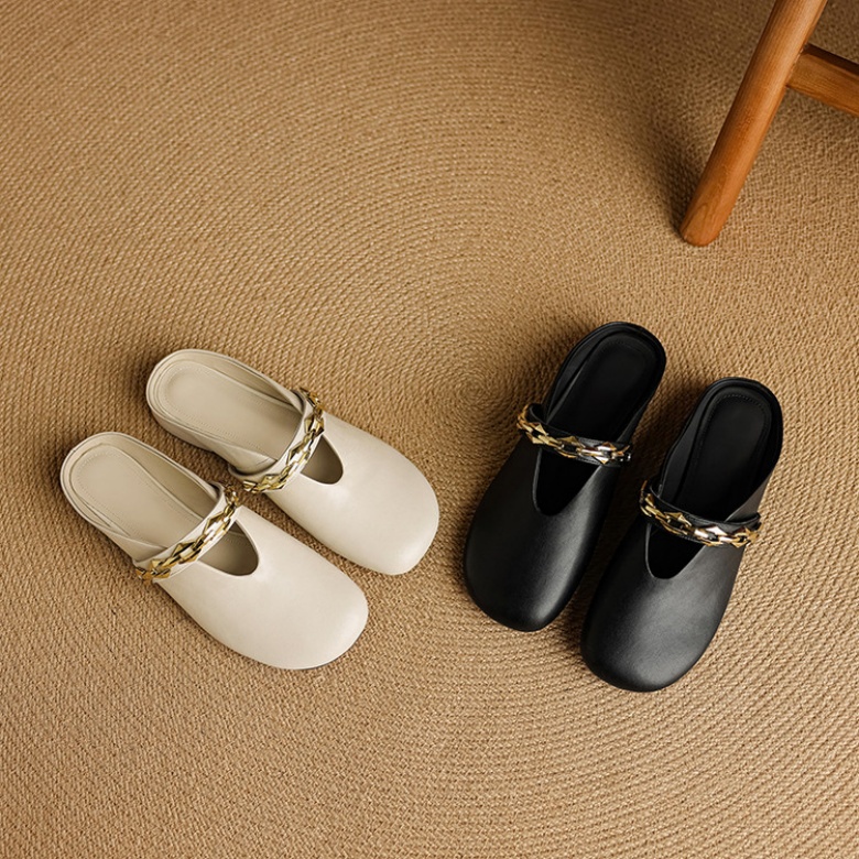 2025年夏法式包头半拖鞋外穿真皮懒人一脚蹬凉拖鞋舒适时尚气质