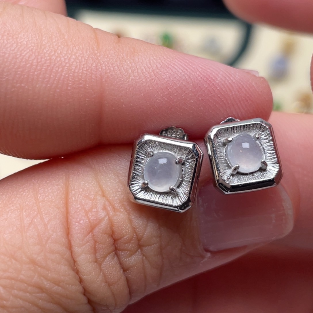 翡翠耳饰银S925镶嵌纯天然缅甸翡翠