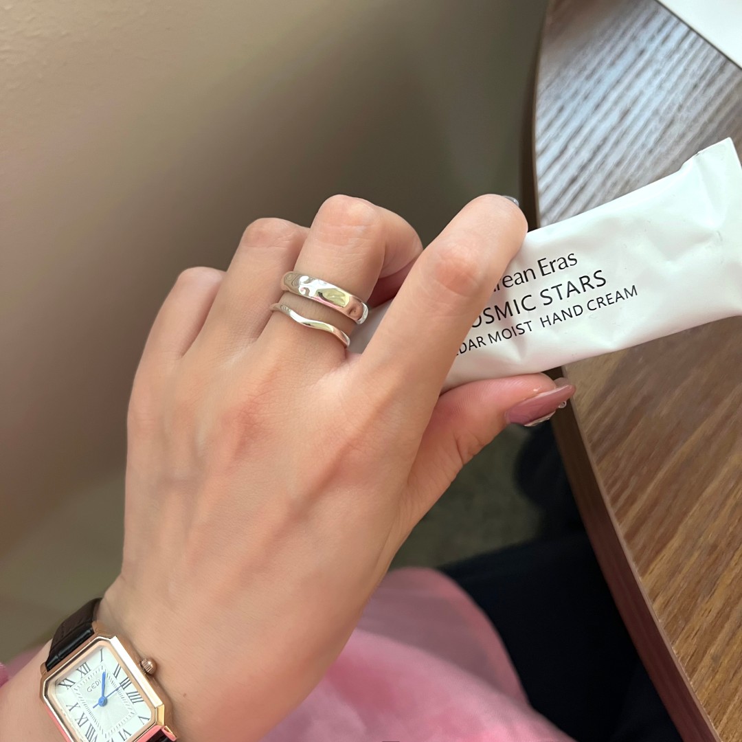 925银戒指 ins风简约个性捶打小波浪双层戒指女开口指环 1886