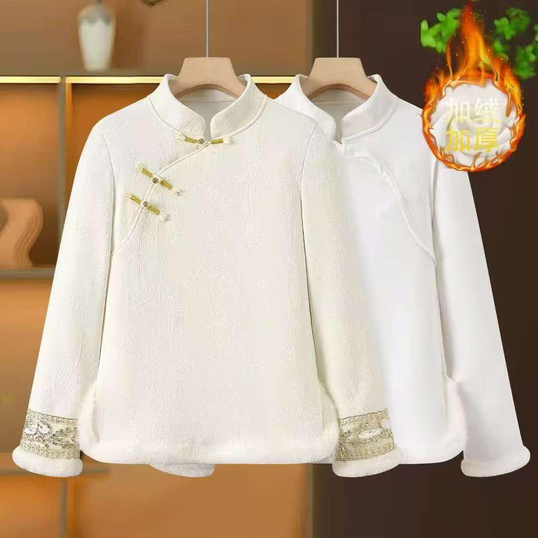 秋冬新中式国风加绒加厚打底衫女时尚百搭立领长袖T恤大码