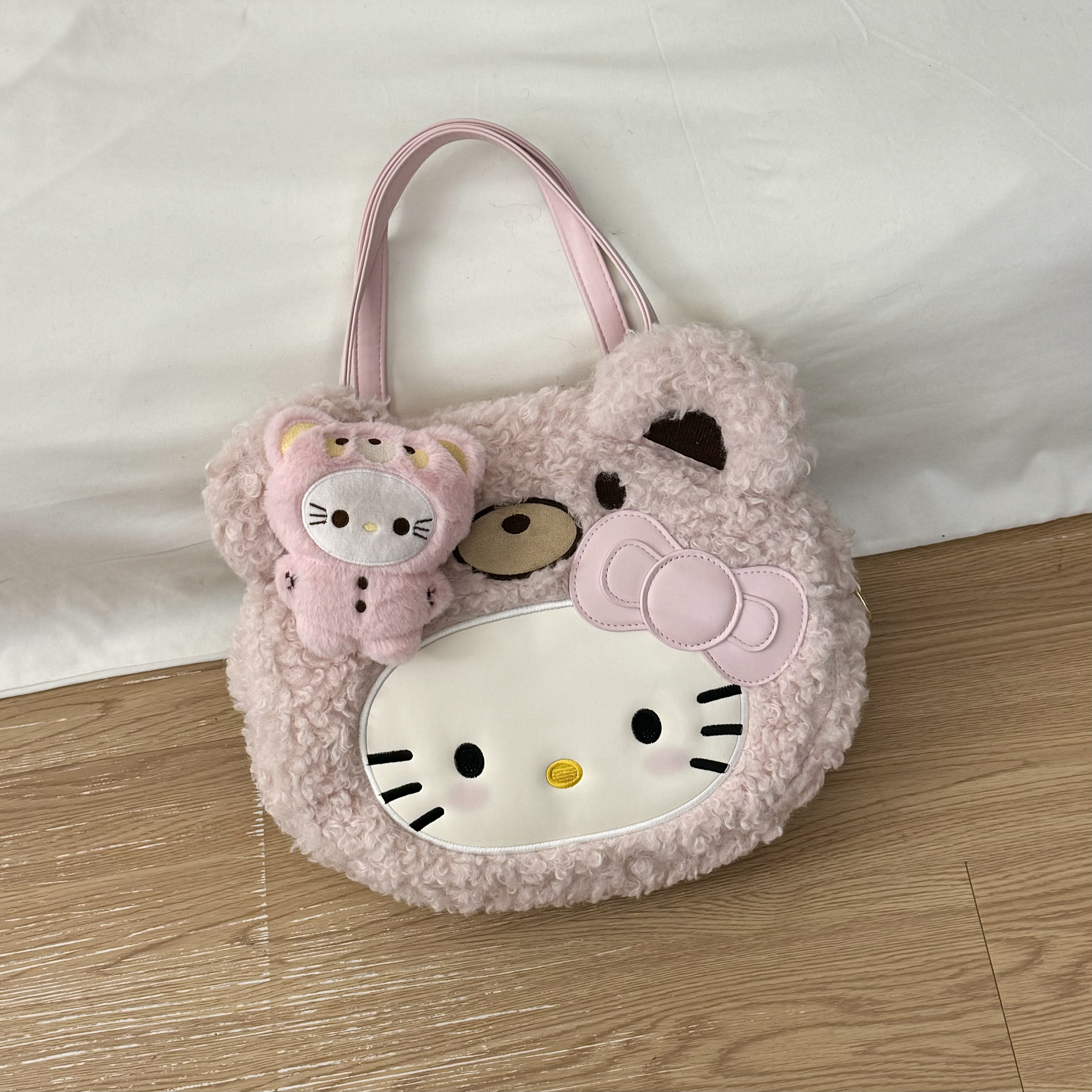 粉色泰迪卷毛Kitty毛绒设计感小众时尚百搭双肩单肩斜挎手提包包